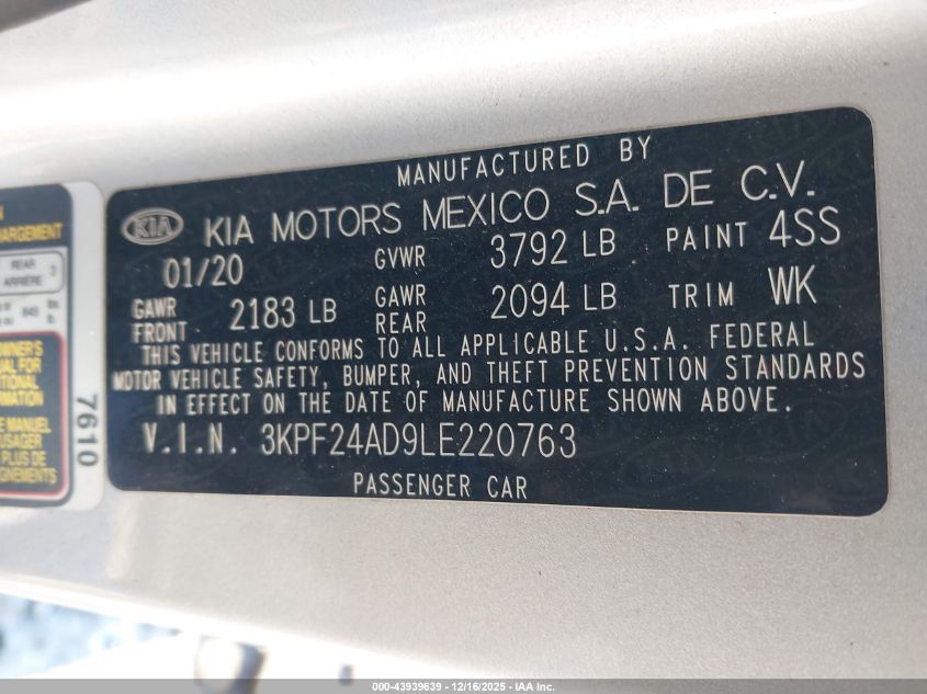 2020 Kia Forte Lxs VIN: 3KPF24AD9LE220763 Lot: 43939639