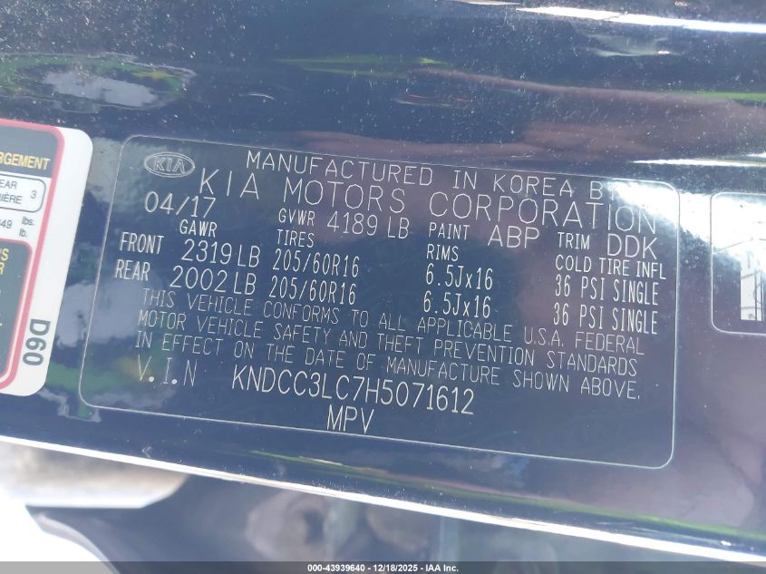 2017 Kia Niro Ex VIN: KNDCC3LC7H5071612 Lot: 43939640