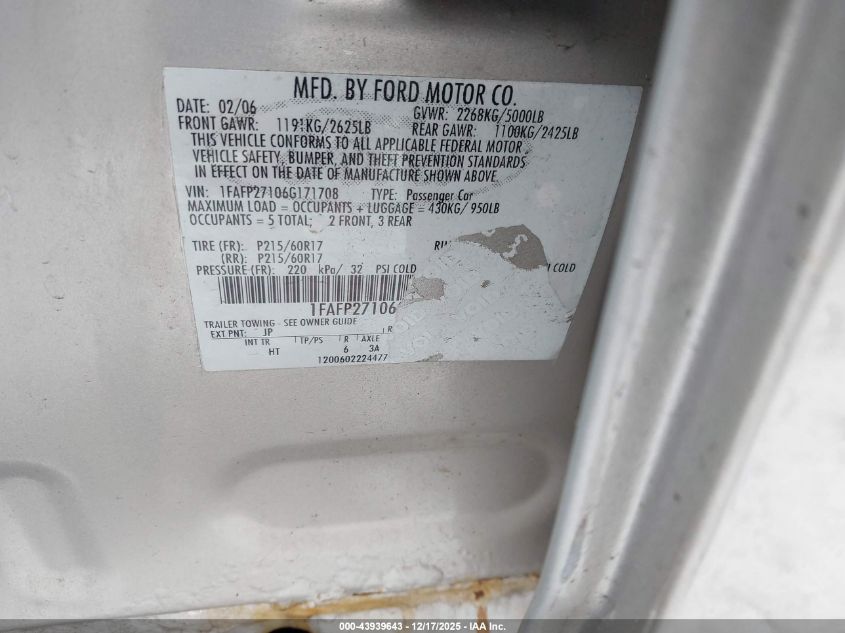 2006 Ford Five Hundred Sel VIN: 1FAFP27106G171708 Lot: 43939643