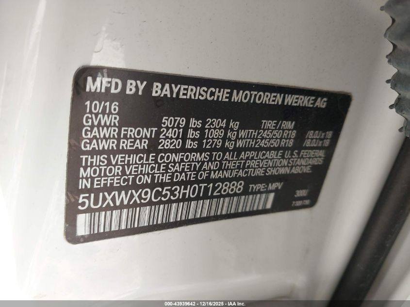 2017 BMW X3 xDrive28I VIN: 5UXWX9C53H0T12888 Lot: 43939642