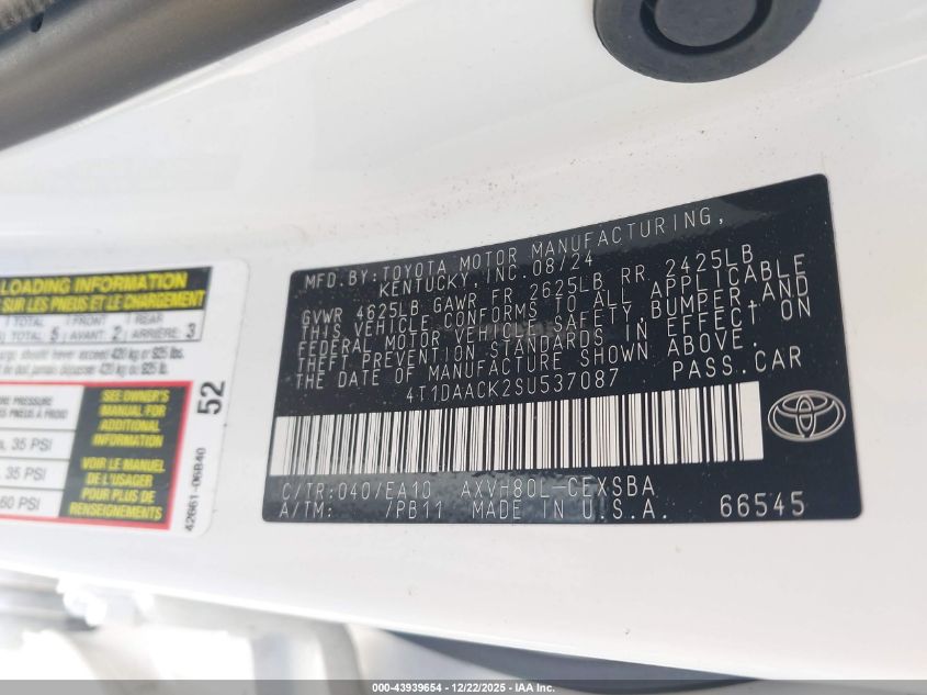 2025 Toyota Camry Se VIN: 4T1DAACK2SU537087 Lot: 43939654
