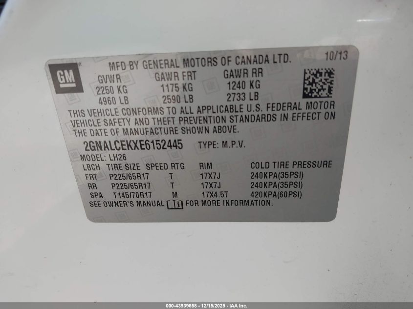 2014 Chevrolet Equinox 2Lt VIN: 2GNALCEKXE6152445 Lot: 43939658