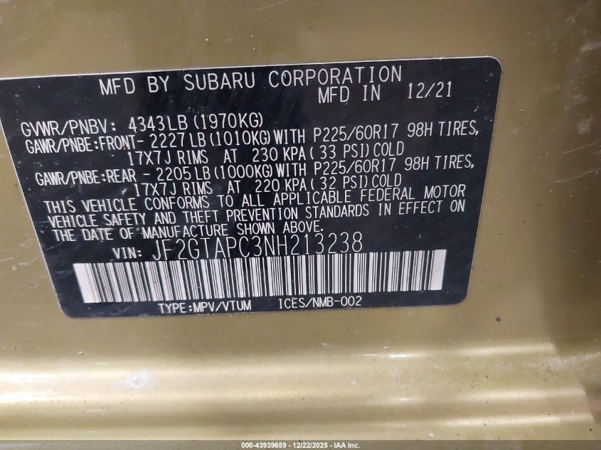 2022 Subaru Crosstrek Premium VIN: JF2GTAPC3NH213238 Lot: 43939659