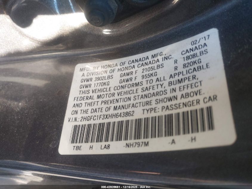 2017 Honda Civic Ex-T VIN: 2HGFC1F3XHH643862 Lot: 43939661