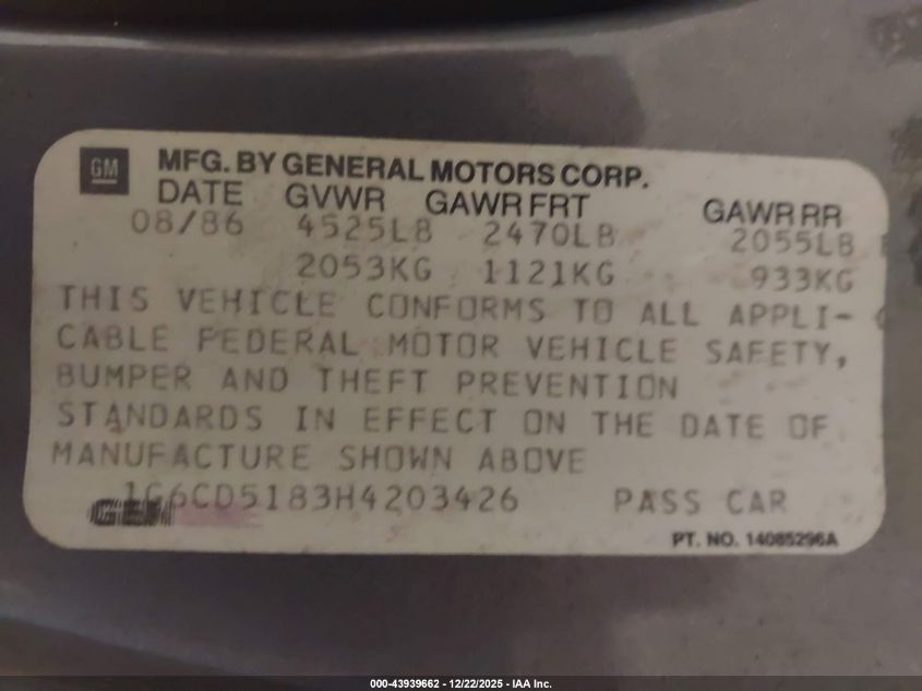 1987 Cadillac Deville VIN: 1G6CD5183H4203426 Lot: 43939662