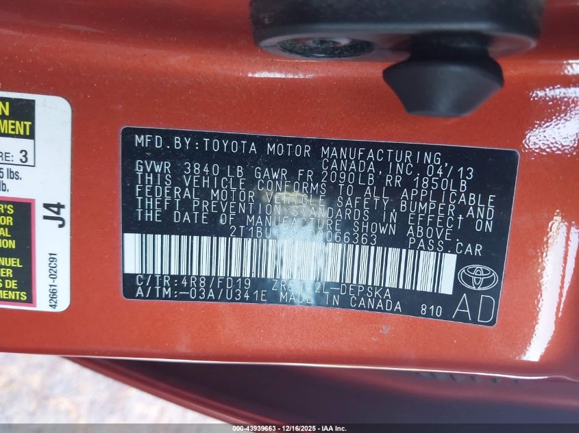 2013 Toyota Corolla S Special Edition VIN: 2T1BU4EE6DC066363 Lot: 43939663