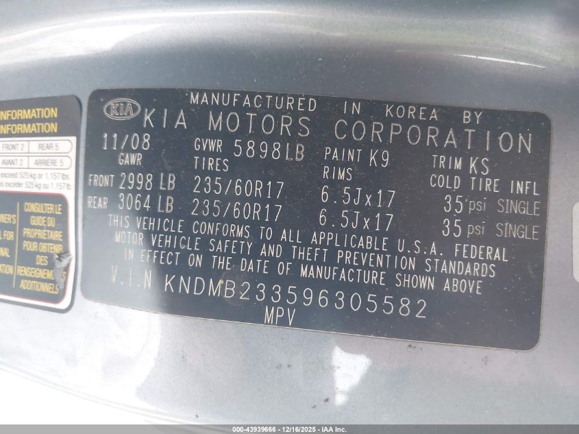 2009 Kia Sedona Ex VIN: KNDMB233596305582 Lot: 43939666