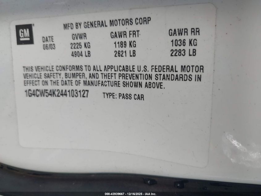 2004 Buick Park Avenue VIN: 1G4CW54K244103127 Lot: 43939667