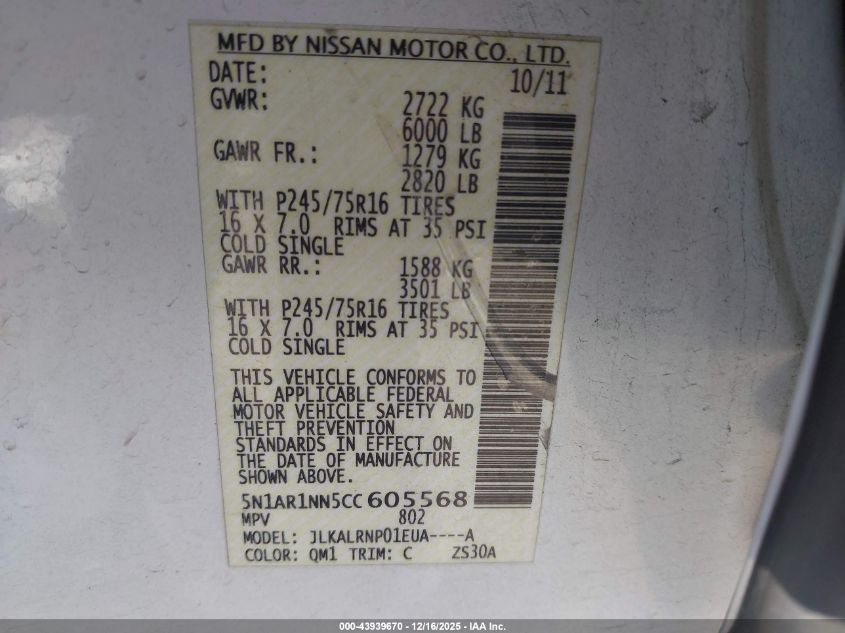 2012 Nissan Pathfinder S VIN: 5N1AR1NN5CC605568 Lot: 43939670