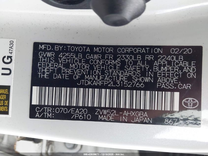 2020 Toyota Prius Prime Xle VIN: JTDKARFP2L3152766 Lot: 43939671