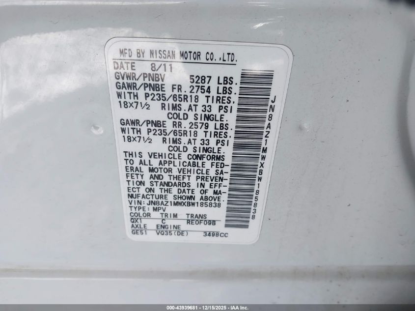 2011 Nissan Murano Sl VIN: JN8AZ1MWXBW185838 Lot: 43939681