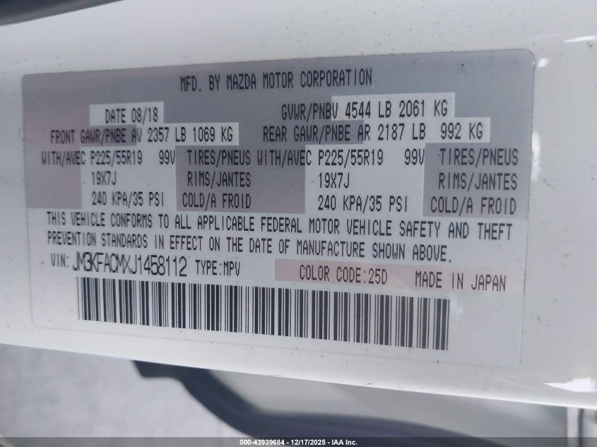 2018 Mazda Cx-5 Touring VIN: JM3KFACMXJ1458112 Lot: 43939684