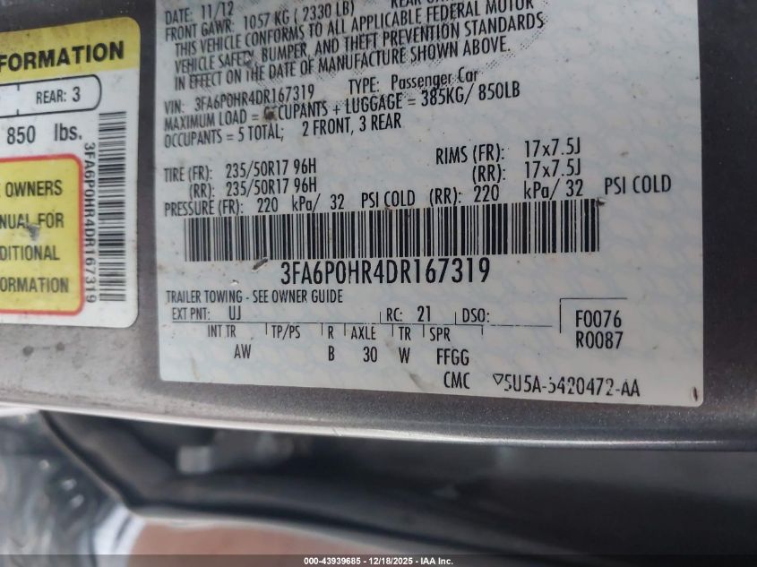 2013 Ford Fusion Se VIN: 3FA6P0HR4DR167319 Lot: 43939685