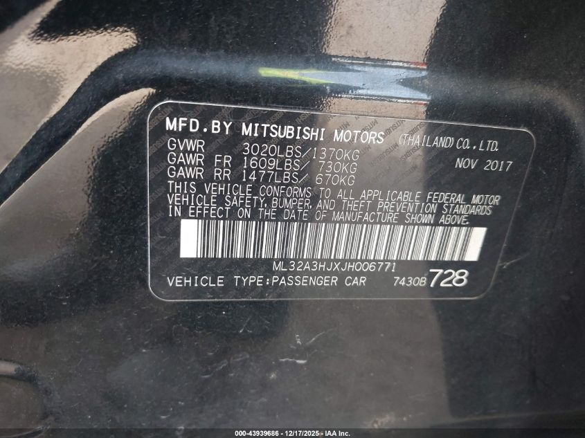 2018 Mitsubishi Mirage Es VIN: ML32A3HJXJH006771 Lot: 43939686