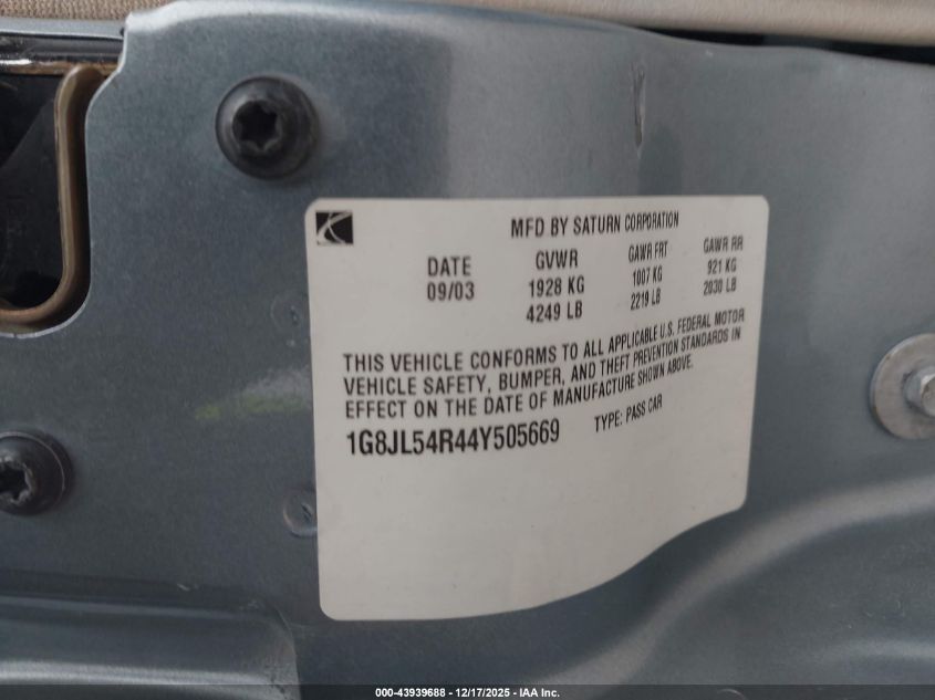 2004 Saturn L300 3 VIN: 1G8JL54R44Y505669 Lot: 43939688