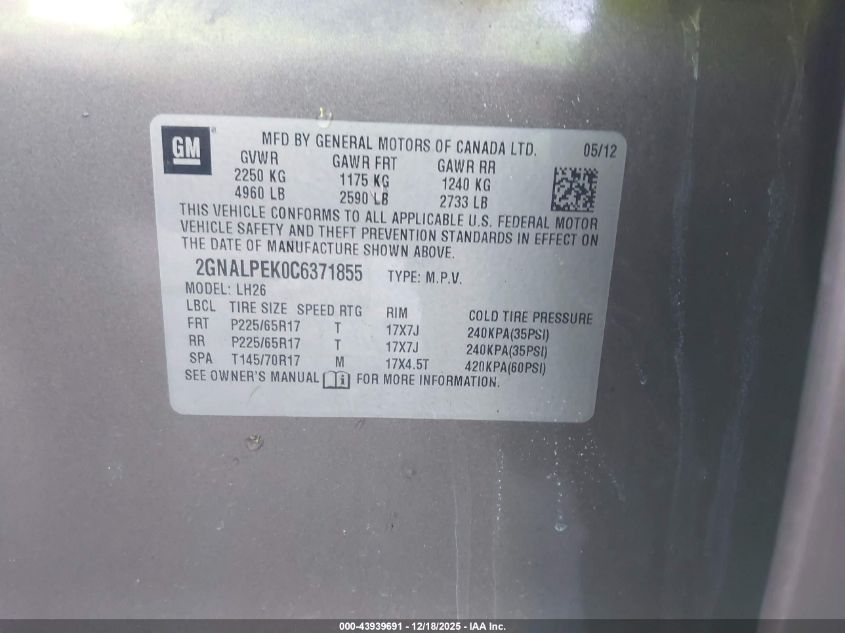2012 Chevrolet Equinox 2Lt VIN: 2GNALPEK0C6371855 Lot: 43939691