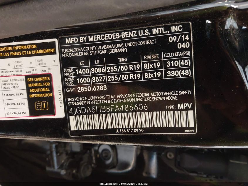 2015 Mercedes-Benz Ml 350 4Matic VIN: 4JGDA5HB8FA486606 Lot: 43939696