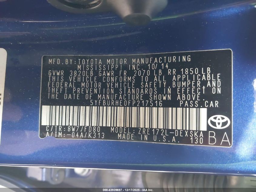 2015 Toyota Corolla S Plus VIN: 5YFBURHE0FP217516 Lot: 43939697