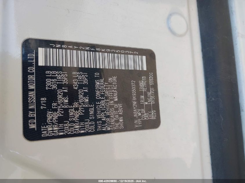 2019 Nissan Armada Platinum VIN: JN8AY2NF8K9350372 Lot: 43939698