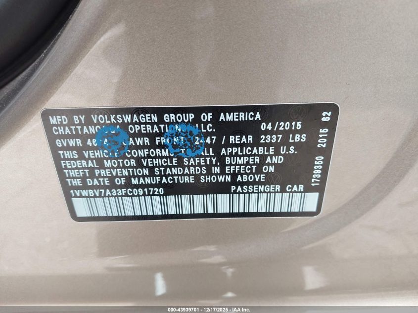 2015 Volkswagen Passat 2.0L Tdi Se VIN: 1VWBV7A33FC091720 Lot: 43939701