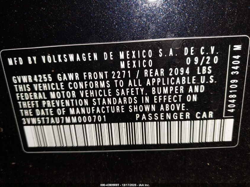 2021 Volkswagen Golf Gti 2.0T Autobahn/2.0T S/2.0T Se VIN: 3VW5T7AU7MM000701 Lot: 43939707