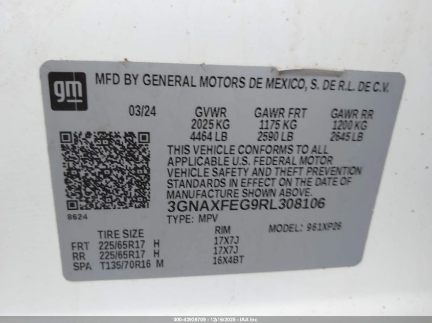2024 Chevrolet Equinox Fwd 1Fl VIN: 3GNAXFEG9RL308106 Lot: 43939709
