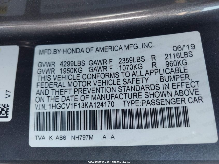 2019 Honda Accord Lx VIN: 1HGCV1F13KA124170 Lot: 43939713