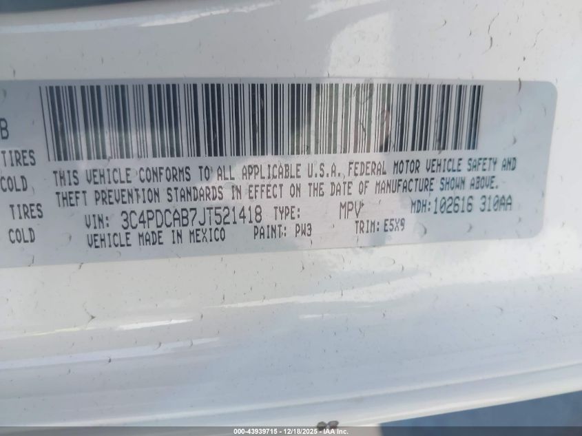 2018 Dodge Journey Se VIN: 3C4PDCAB7JT521418 Lot: 43939715