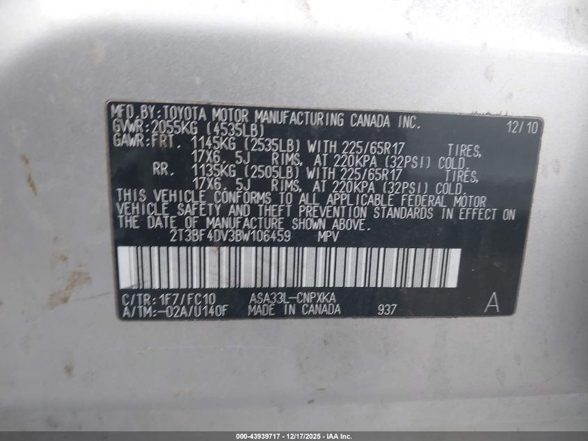 2011 Toyota Rav4 VIN: 2T3BF4DV3BW106459 Lot: 43939717