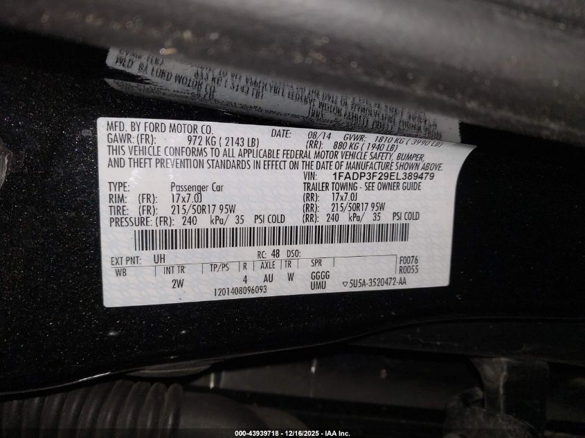 2014 Ford Focus Se VIN: 1FADP3F29EL389479 Lot: 43939718