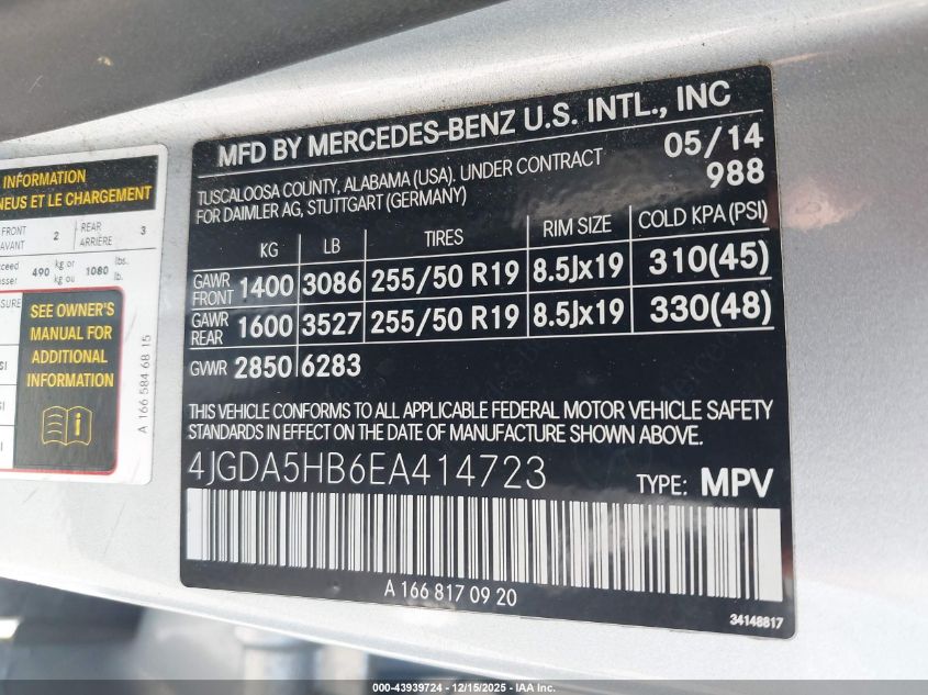 2014 Mercedes-Benz Ml 350 4Matic VIN: 4JGDA5HB6EA414723 Lot: 43939724