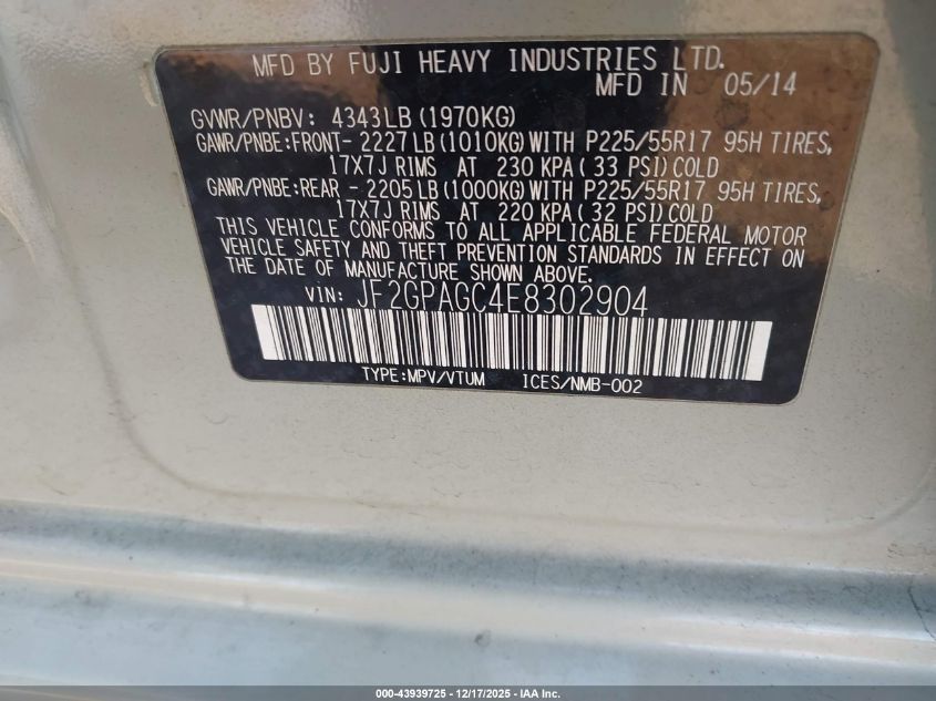 2014 Subaru Xv Crosstrek 2.0I Limited VIN: JF2GPAGC4E8302904 Lot: 43939725