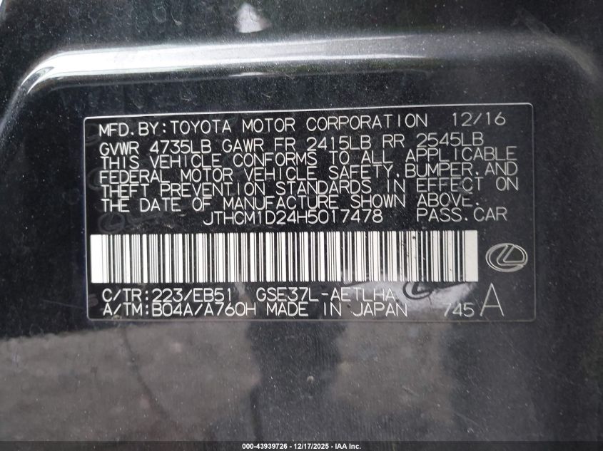 2017 Lexus Is 300 VIN: JTHCM1D24H5017478 Lot: 43939726