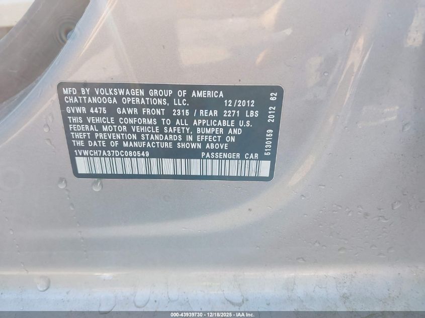 2013 Volkswagen Passat 2.5L Sel Premium VIN: 1VWCH7A37DC080549 Lot: 43939730