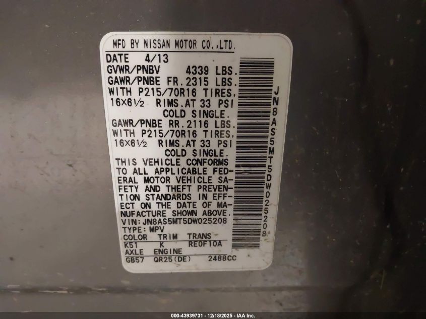 2013 Nissan Rogue S VIN: JN8AS5MT5DW025208 Lot: 43939731