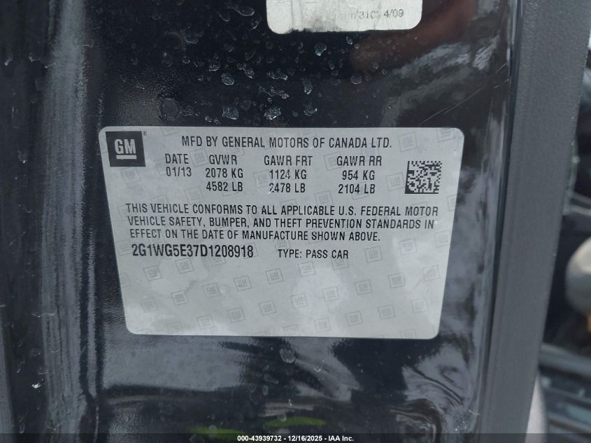 2013 Chevrolet Impala Lt VIN: 2G1WG5E37D1208918 Lot: 43939732