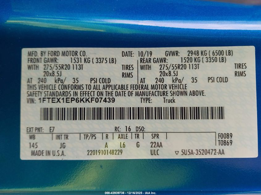 2019 Ford F-150 Xl VIN: 1FTEX1EP6KKF07439 Lot: 43939736