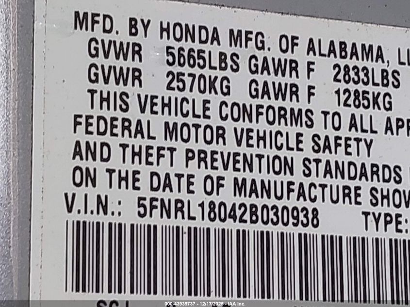 2002 Honda Odyssey Ex-L VIN: 5FNRL18042B030938 Lot: 43939737
