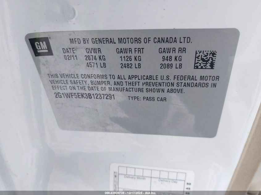 2011 Chevrolet Impala Ls VIN: 2G1WF5EK3B1237291 Lot: 43939739