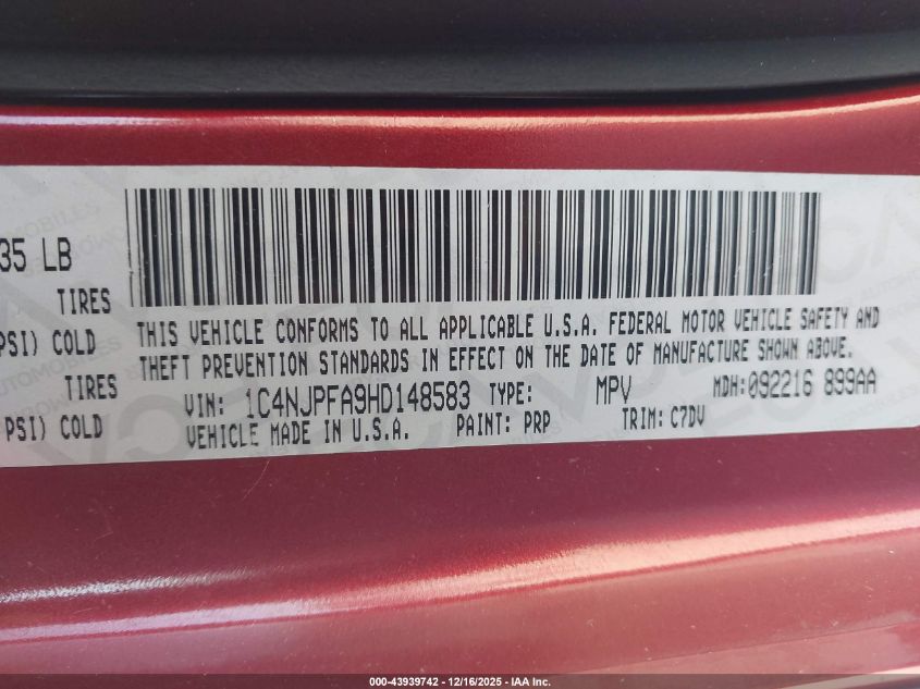 2017 Jeep Patriot Latitude Fwd VIN: 1C4NJPFA9HD148583 Lot: 43939742