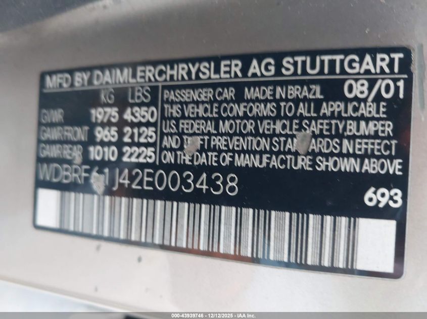 2002 Mercedes-Benz C 240 VIN: WDBRF61J42E003438 Lot: 43939746
