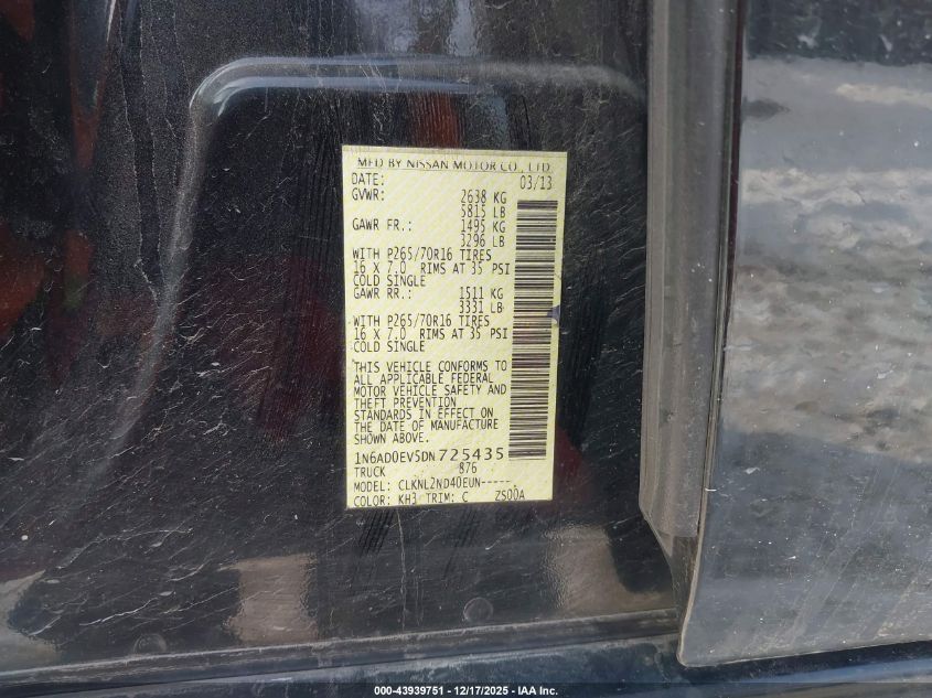 2013 Nissan Frontier Sv VIN: 1N6AD0EV5DN725435 Lot: 43939751