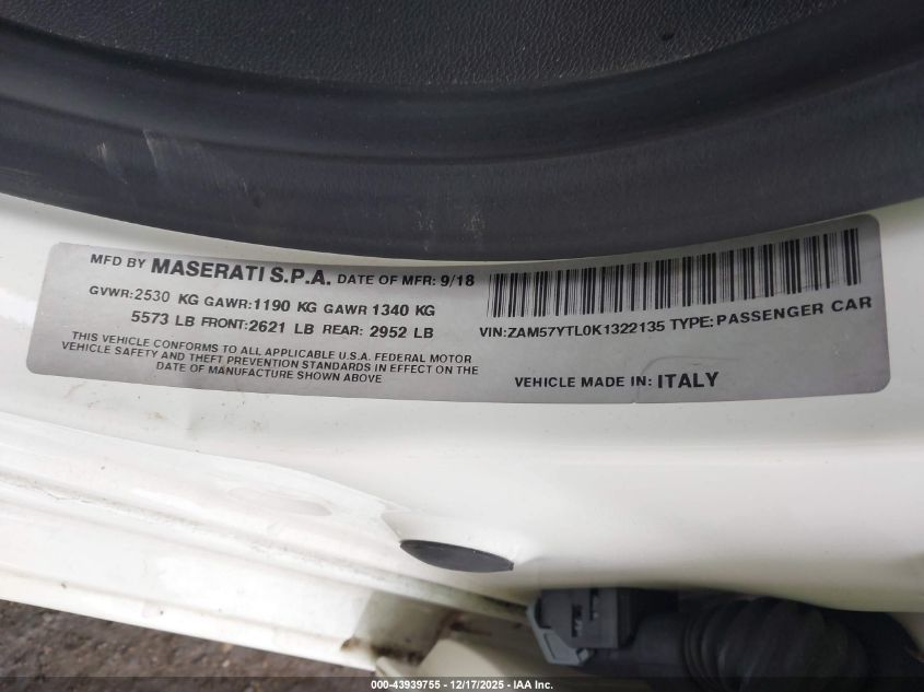 2019 Maserati Ghibli S Q4 Granlusso VIN: ZAM57YTL0K1322135 Lot: 43939755