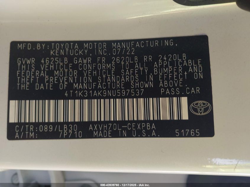 2022 Toyota Camry Xse Hybrid VIN: 4T1K31AK9NU597537 Lot: 43939760