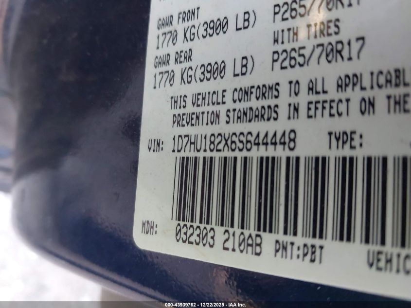 2006 Dodge Ram 1500 Laramie VIN: 1D7HU182X6S644448 Lot: 43939762