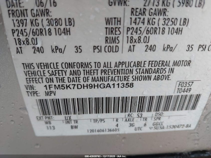 2017 Ford Explorer Xlt VIN: 1FM5K7DH9HGA11358 Lot: 43939763