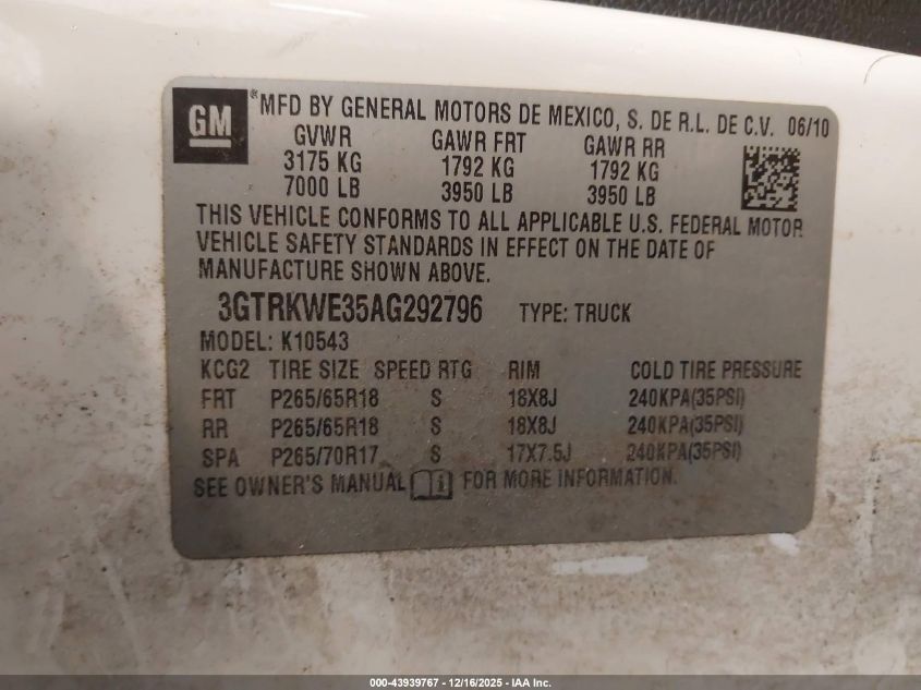 2010 GMC Sierra 1500 Slt VIN: 3GTRKWE35AG292796 Lot: 43939767