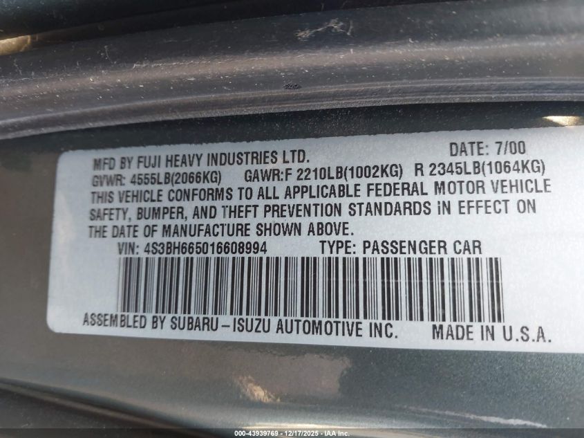 2001 Subaru Outback VIN: 4S3BH665016608994 Lot: 43939769