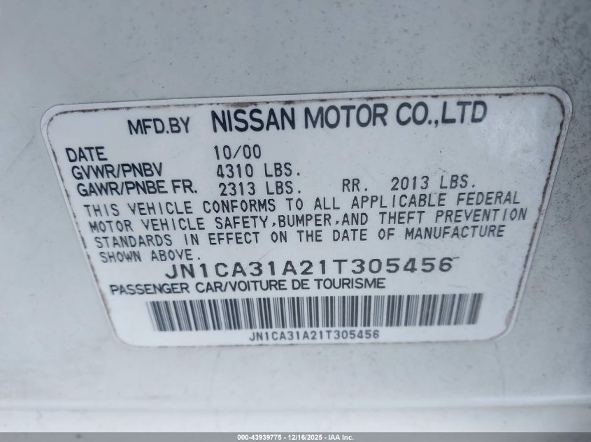 2001 Nissan Maxima Gle VIN: JN1CA31A21T305456 Lot: 43939775