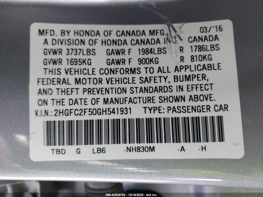 2016 Honda Civic Lx VIN: 2HGFC2F50GH541931 Lot: 43939780